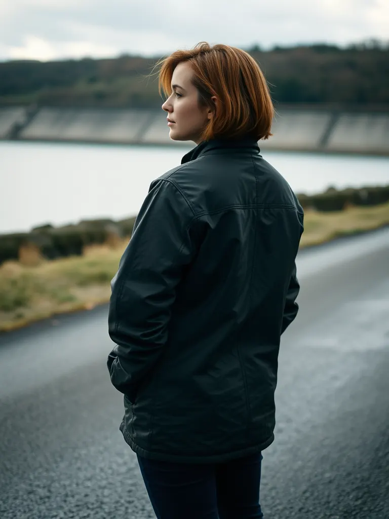 Iva Rennard photographed on a service road beside a reservoir