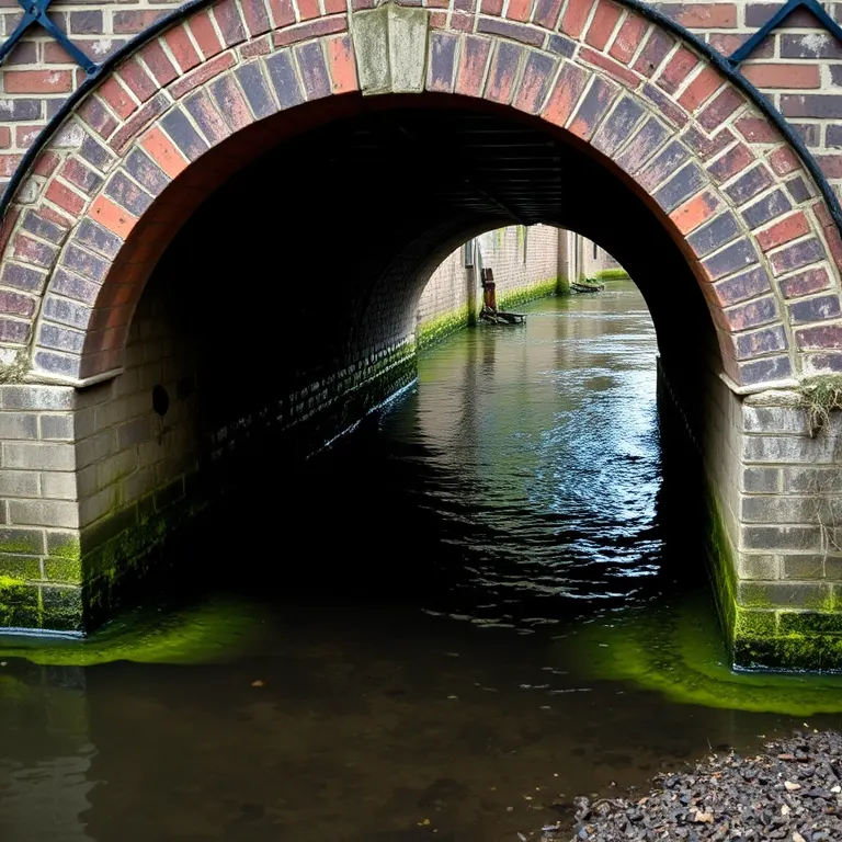 A culverted river emerging from a brick arch