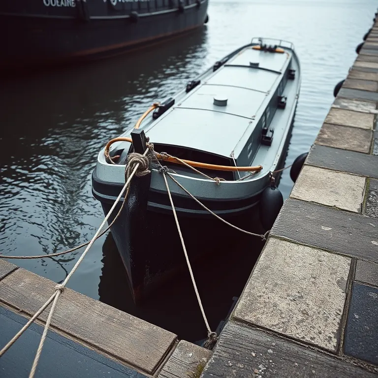 A narrow cargo barge tied up at a canal wharf