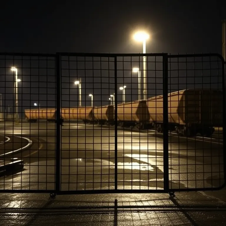 A freight yard gate under floodlights