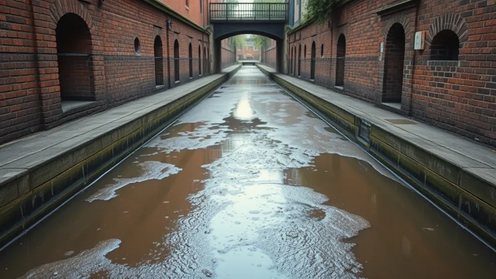 A drained canal channel with exposed brick sides