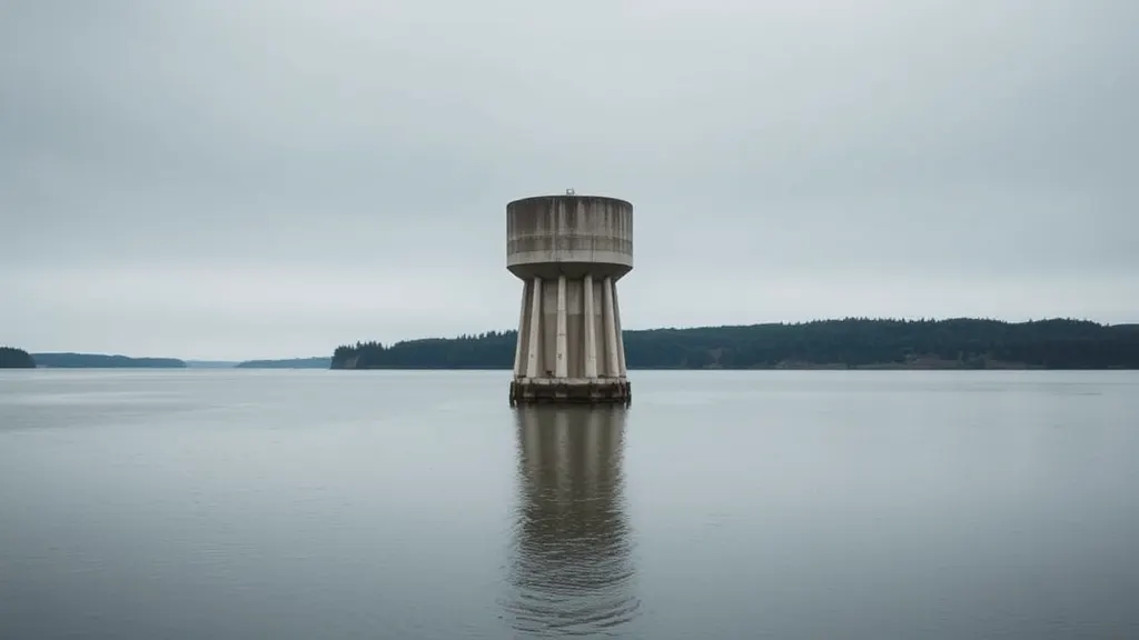 A concrete overflow tower standing in still water